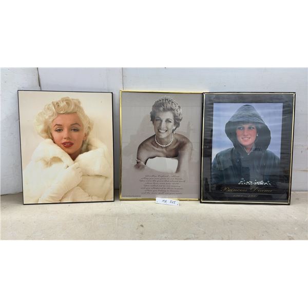 Marilyn Monroe Hardboard Picture, 20 x 16" and 2 Princess Diana Memorial Portrait Pictures
