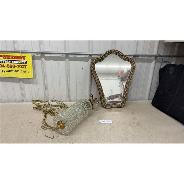 Vintage Glass Cylindrical Pendant Light with Brass Chain & Framed Mirror
