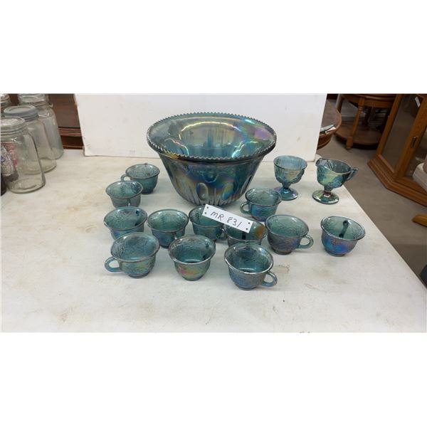 Blue Carnival Glass Grape and Cable Punch Bowl Set with Twelve Cups, Creamer, and Sugar