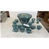 Image 1 : Blue Carnival Glass Grape and Cable Punch Bowl Set with Twelve Cups, Creamer, and Sugar
