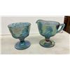 Image 4 : Blue Carnival Glass Grape and Cable Punch Bowl Set with Twelve Cups, Creamer, and Sugar
