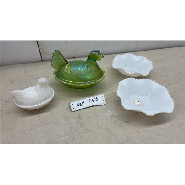 Green Carnival Glass Hen on Nest, Milk Glass Hen on Nest, and Hobnail Style Bowls