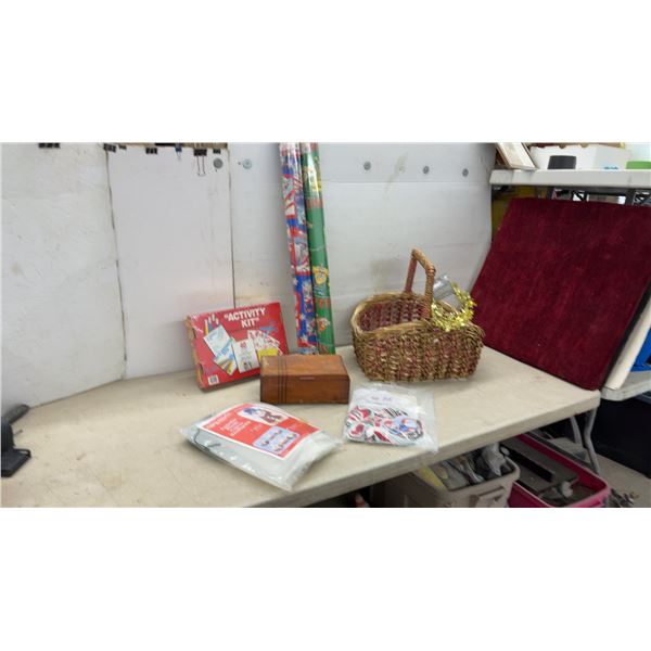 Woven Wicker Basket with Handle, Activity Kit, Wrapping Paper, Wooden Box, and More