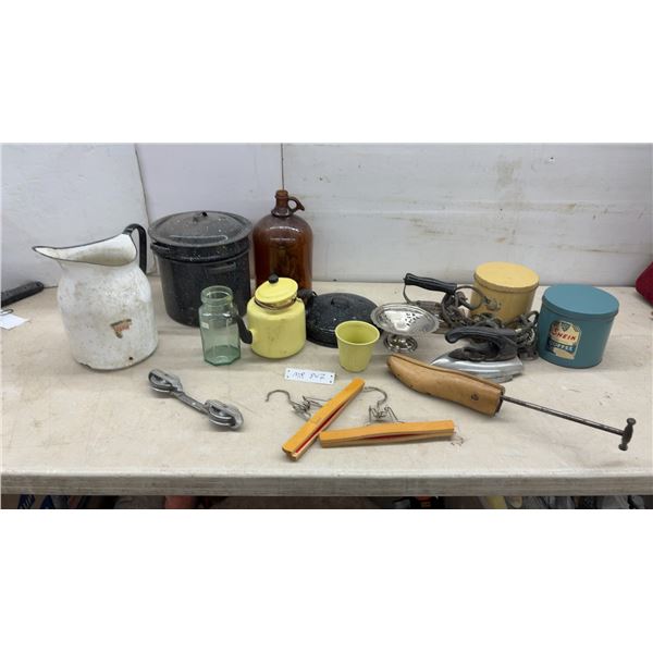 Vintage: Irons, Enamelware Stock Pot with Strainer Insert, Sheik Coffee Tin, and More