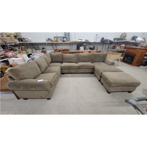 U-Shaped Sectional Sofa in Tan Corduroy Fabric with Ottoman 94 x 84 x 132" Gd Cond.