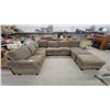 Image 1 : U-Shaped Sectional Sofa in Tan Corduroy Fabric with Ottoman 94 x 84 x 132" Gd Cond.