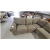 Image 2 : U-Shaped Sectional Sofa in Tan Corduroy Fabric with Ottoman 94 x 84 x 132" Gd Cond.
