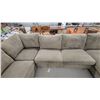 Image 5 : U-Shaped Sectional Sofa in Tan Corduroy Fabric with Ottoman 94 x 84 x 132" Gd Cond.