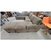 Image 8 : U-Shaped Sectional Sofa in Tan Corduroy Fabric with Ottoman 94 x 84 x 132" Gd Cond.