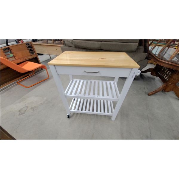 White Rolling Kitchen Cart with Natural Wood Top, Drawer, and Slatted Shelves 36 x 32 x 18"