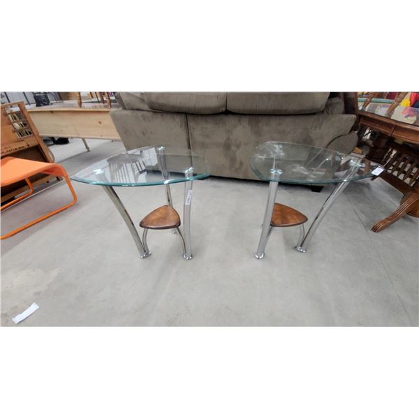 Pair of Contemporary Triangular Glass-Top End Tables with Chrome Legs and Wood Shelves 25 x 24 x
