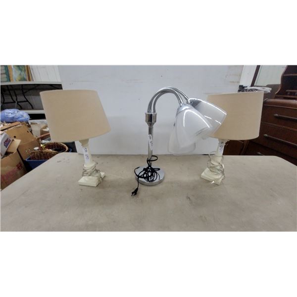 Chrome Triple Gooseneck Desk Lamp with Frosted Glass Shades and Two Table Lamps