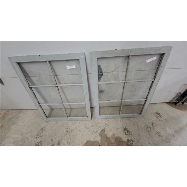Two Antique Six-Pane Wooden Window Frames, Light Gray Painted 28 x 34"
