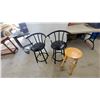 Image 1 : Two Black Metal Swivel Bar Stools with Curved Backs and Round Wood Stool