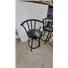Image 2 : Two Black Metal Swivel Bar Stools with Curved Backs and Round Wood Stool