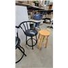 Image 3 : Two Black Metal Swivel Bar Stools with Curved Backs and Round Wood Stool