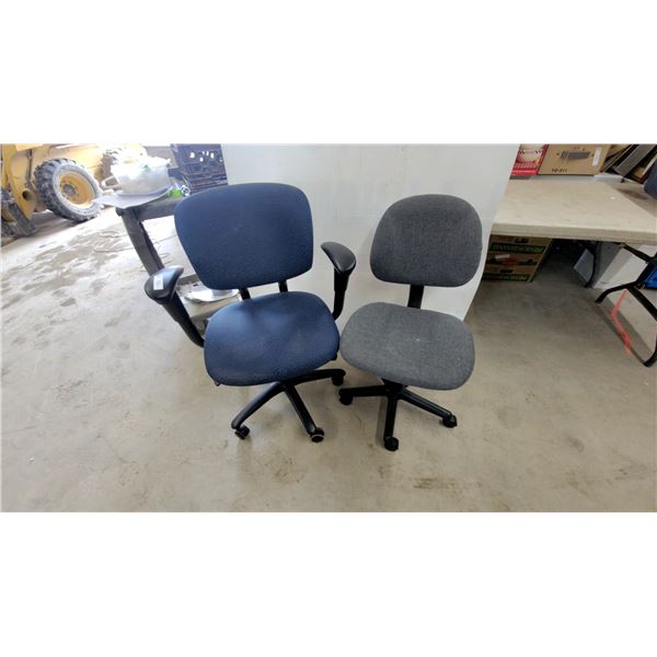 Two Fabric Office Task Chairs, Blue with Armrests and Gray Armless