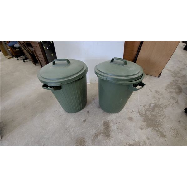 Two Green Plastic Utility Trash Cans with Ribbed Exteriors and Fitted Lids