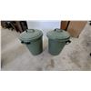 Image 1 : Two Green Plastic Utility Trash Cans with Ribbed Exteriors and Fitted Lids
