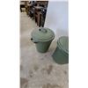 Image 3 : Two Green Plastic Utility Trash Cans with Ribbed Exteriors and Fitted Lids