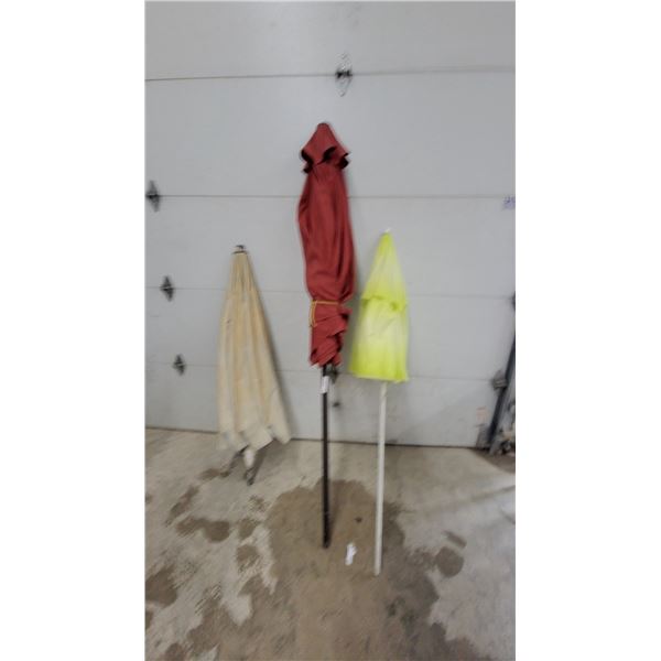 Lot of Three Patio Umbrellas: Red, Yellow-Green, and Off-White