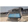 Image 1 : Outdoor Bench with Curved Slatted Backrest, Armrests, and Light Blue Cushion 50" Wide