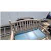 Image 2 : Outdoor Bench with Curved Slatted Backrest, Armrests, and Light Blue Cushion 50" Wide