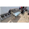 Image 3 : Outdoor Bench with Curved Slatted Backrest, Armrests, and Light Blue Cushion 50" Wide