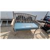 Image 4 : Outdoor Bench with Curved Slatted Backrest, Armrests, and Light Blue Cushion 50" Wide
