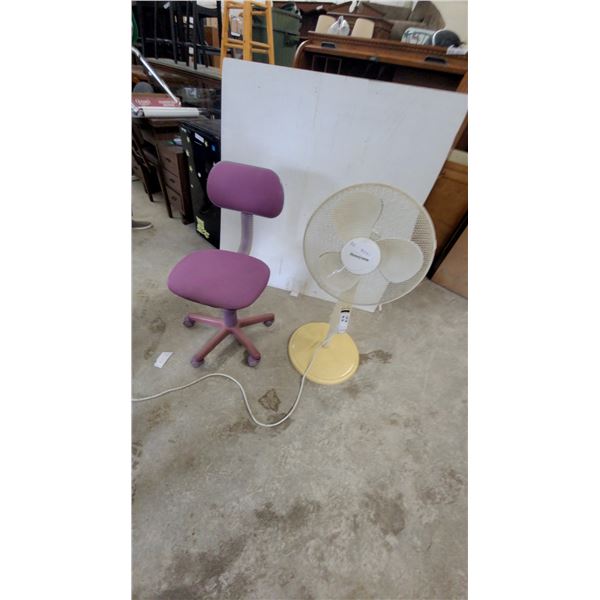 Honeywell White Oscillating Pedestal Fan with Yellow Base and Ukrainion Blue Office Chair