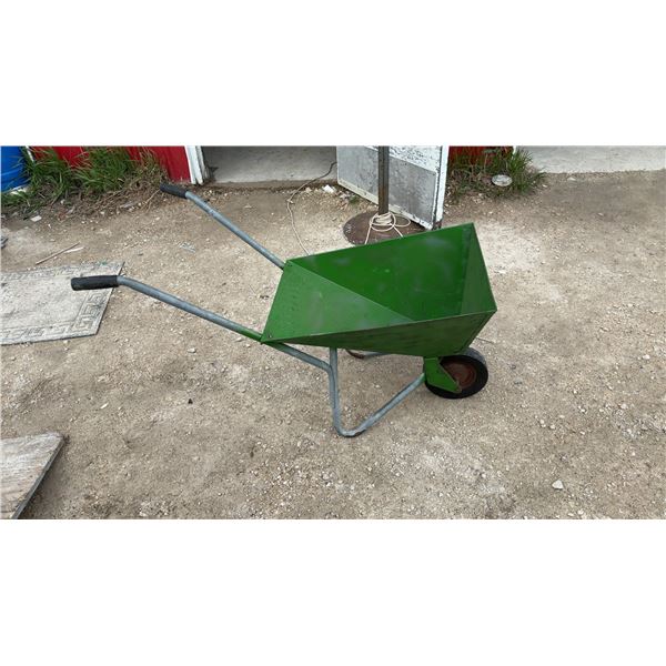 Green Metal Single-Wheel Wheelbarrow with Numbered Volume Markings