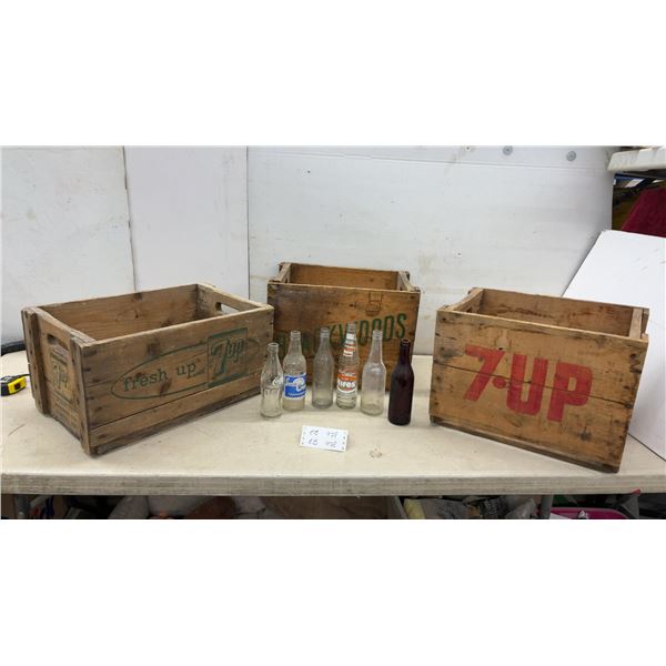Vintage 7UP and Blackwoods Wooden Beverage Crates with Coca-Cola and Hires Bottles and More
