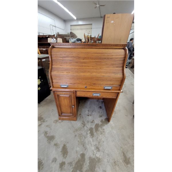 Oak Roll-Top Desk with Tambour Door, Single Cabinet, and Two Drawers 53"29 x 54"