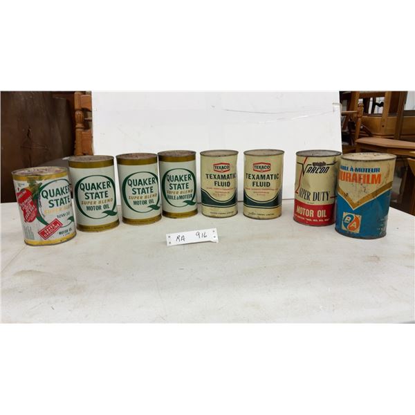 8 Cans Quaker State, Texaco Texamatic, Varcon, and B/A Vintage Motor Oil with Product