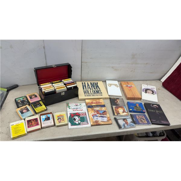 Vintage 8-Track Tape Carrying Case with Tapes, CDs, Cassettes, Hank Williams Box Set, and More
