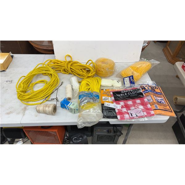Yellow Polypropylene Rope Assortment, Twine, Plastic Tablecloth, and More