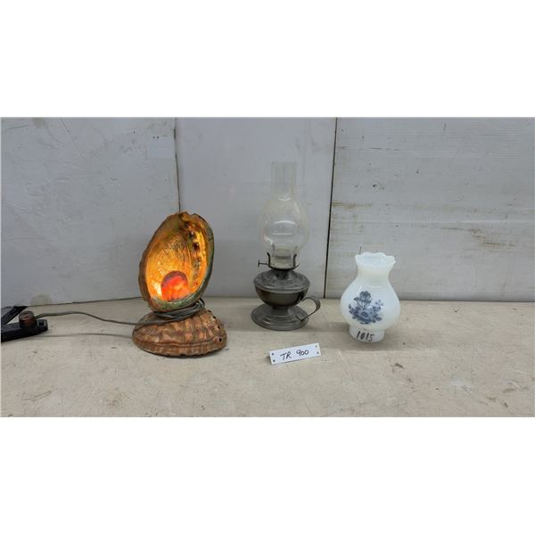 Abalone Shell Lamp, Metal Oil Lamp with Glass Chimney, and Milk Glass Lamp Shade