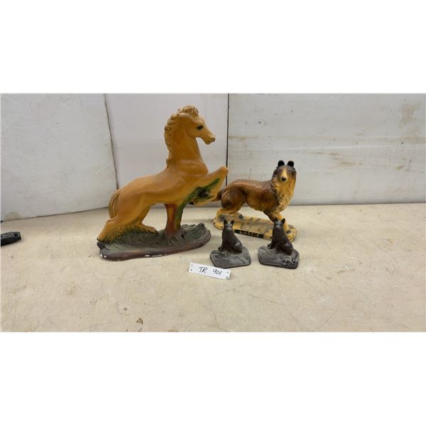 Chalkware Rearing Horse, 16" Tall, Lassie Collie, and Dog Bookends