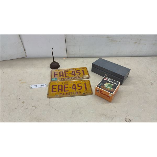 1976 Manitoba "Friendly" License Plate Pair, Oil Can, Metal Cash Box, and More