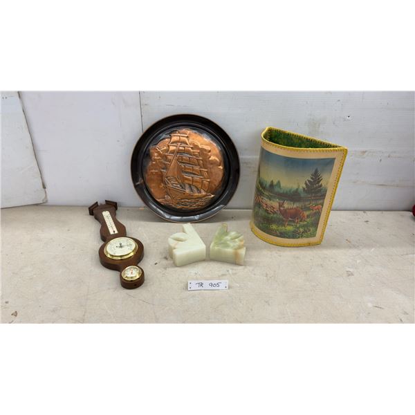 Springfield Weather Station (Thermometer Needs to Be Reattached), Copper Ship Wall Plaque, Onyx