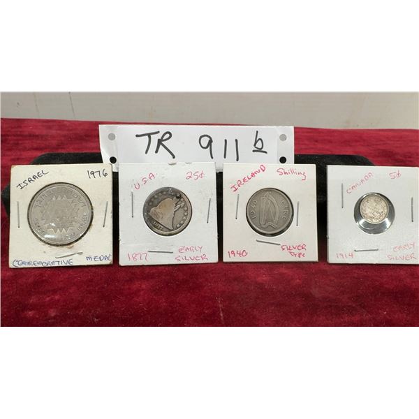 1914 Canadian Nickel, 1877 U.S. Seated Liberty Quarter, 1976 Israel Medal, 1940 Irish Shilling