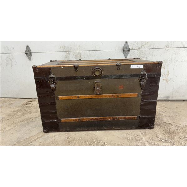 Antique Flat-Top Steamer Trunk with Canvas Exterior and Metal Hardware, 21 x 19 x 36"