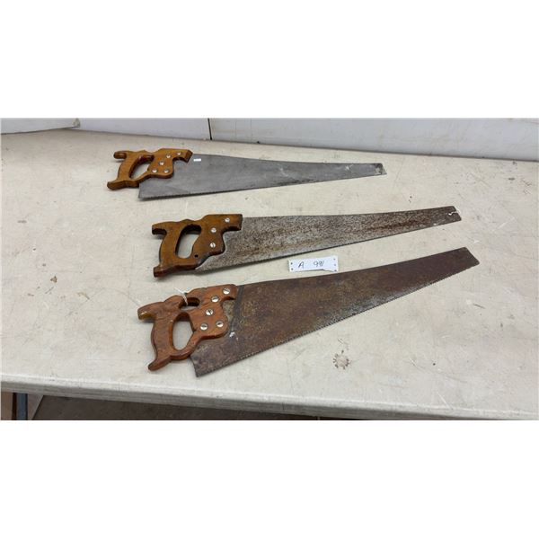 Three Vintage Hand Saws Including Henry Disston and Sons with Wooden Handles