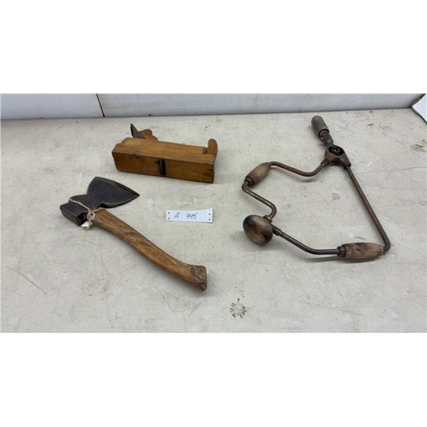 Vintage Hand Tools: Wooden Block Plane, Hatchet, and Ratchet Brace Hand Drill
