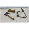 Image 1 : Vintage Hand Tools: Wooden Block Plane, Hatchet, and Ratchet Brace Hand Drill