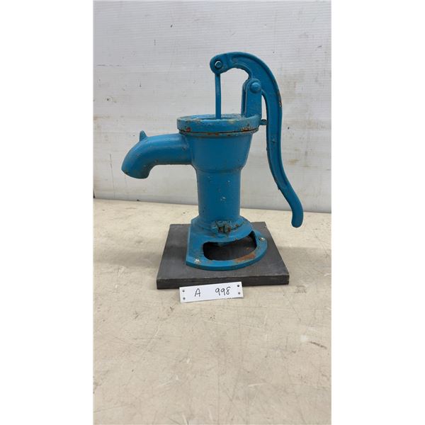 Monarch Machinery Co Ltd Blue Cast Iron Hand Pump on Wooden Base