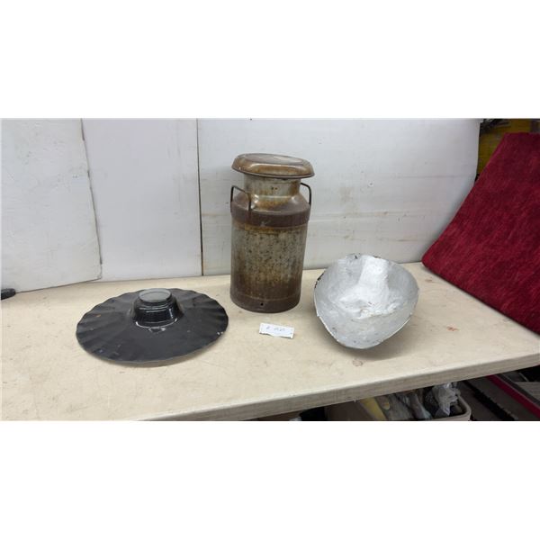 Vintage Milk Can with Lid, Industrial Enamelware Light Shade 18" Diameter and Metal Bowl for Scale