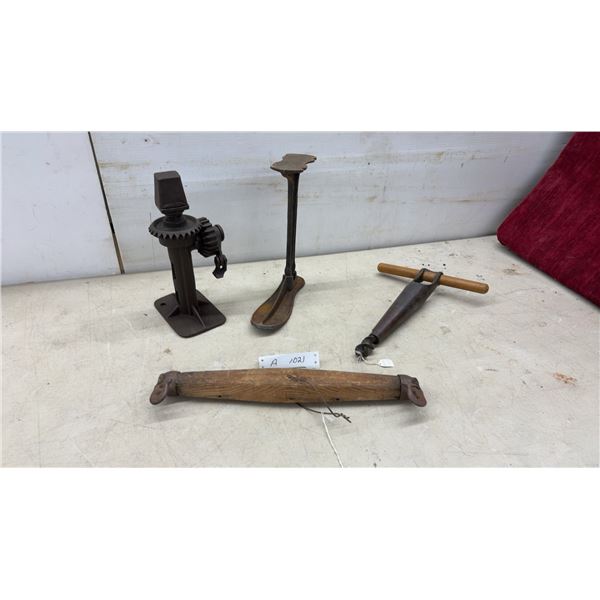 Antique Cast Iron No. 16 Screw Jack, Cobbler's Shoe Form, Dog Hames, and More