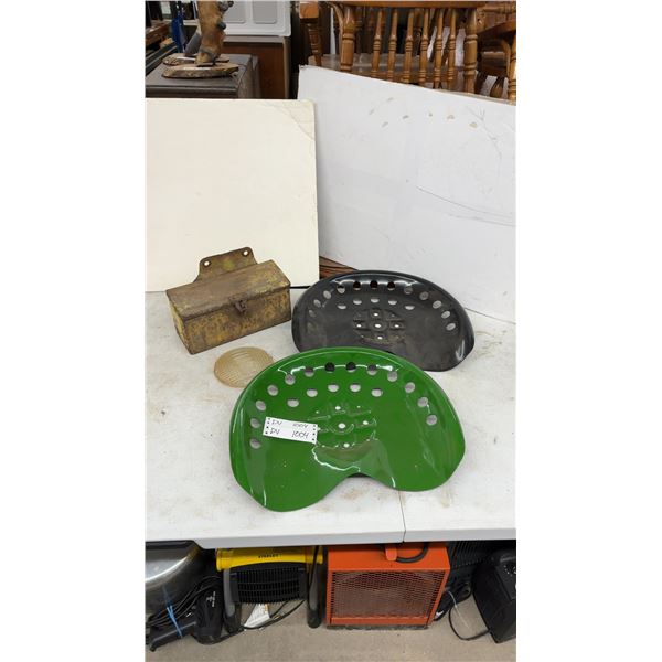 Two Tractor Pan Seats in Green and Black with Vintage Yellow Metal Toolbox
