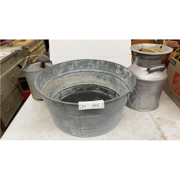 Galvanized Metal Wash Tub, Vintage Watering Can, and Metal Milk Can